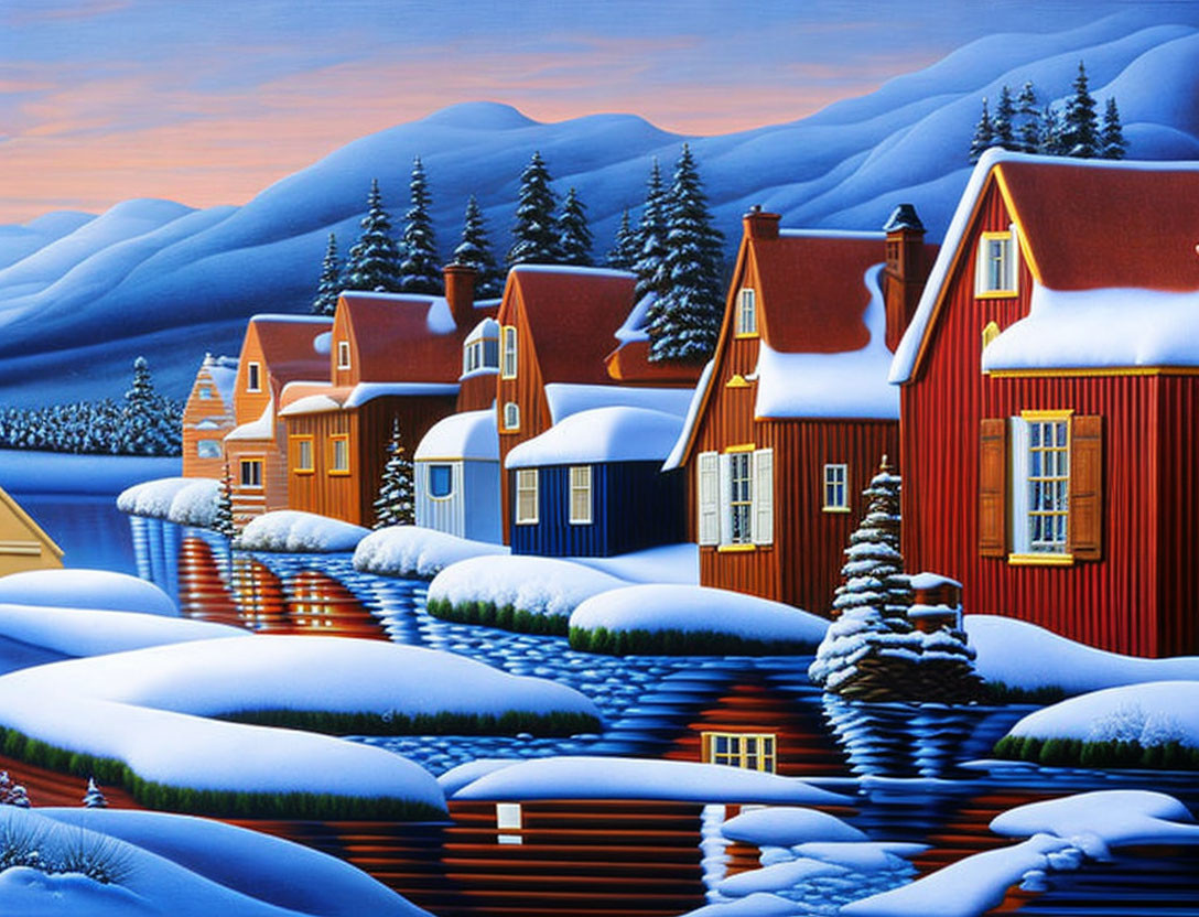 Vibrant houses and snowy roofs near frozen river under twilight sky