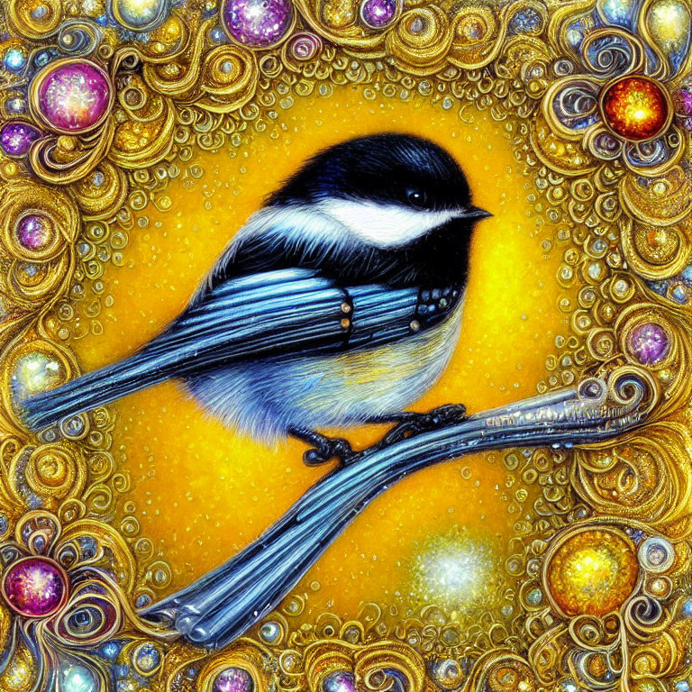 Colorful Chickadee Illustration on Branch with Gem-like Accents