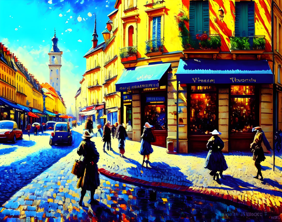 Colorful painting of sunlit street scene with pedestrians and old tower