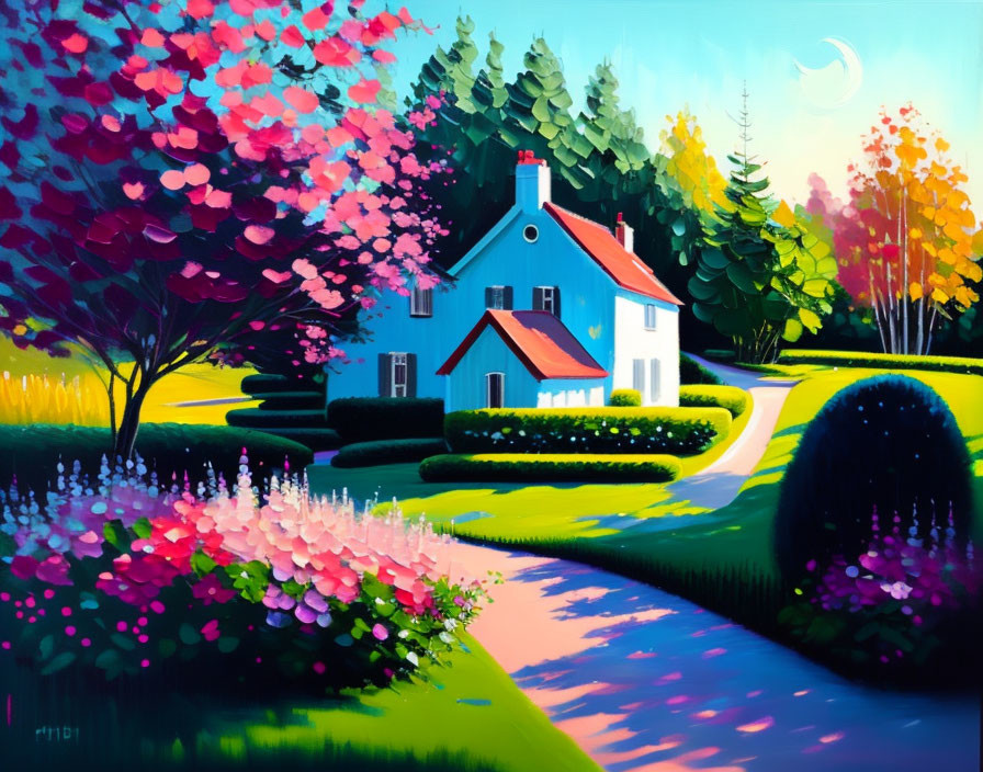 Whimsical landscape painting with blue-roofed cottage, vibrant trees, curving path, and