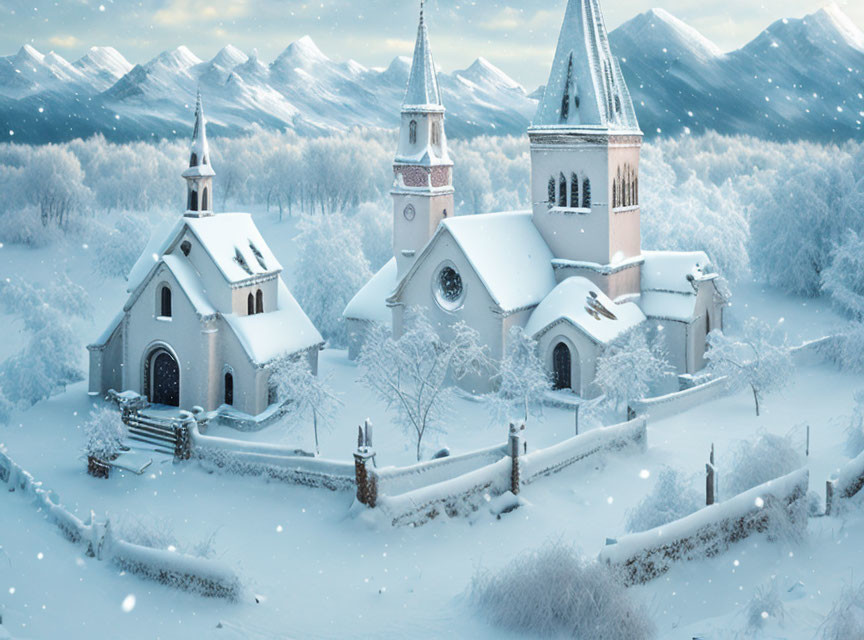 Snowy winter landscape with two churches and forested mountains