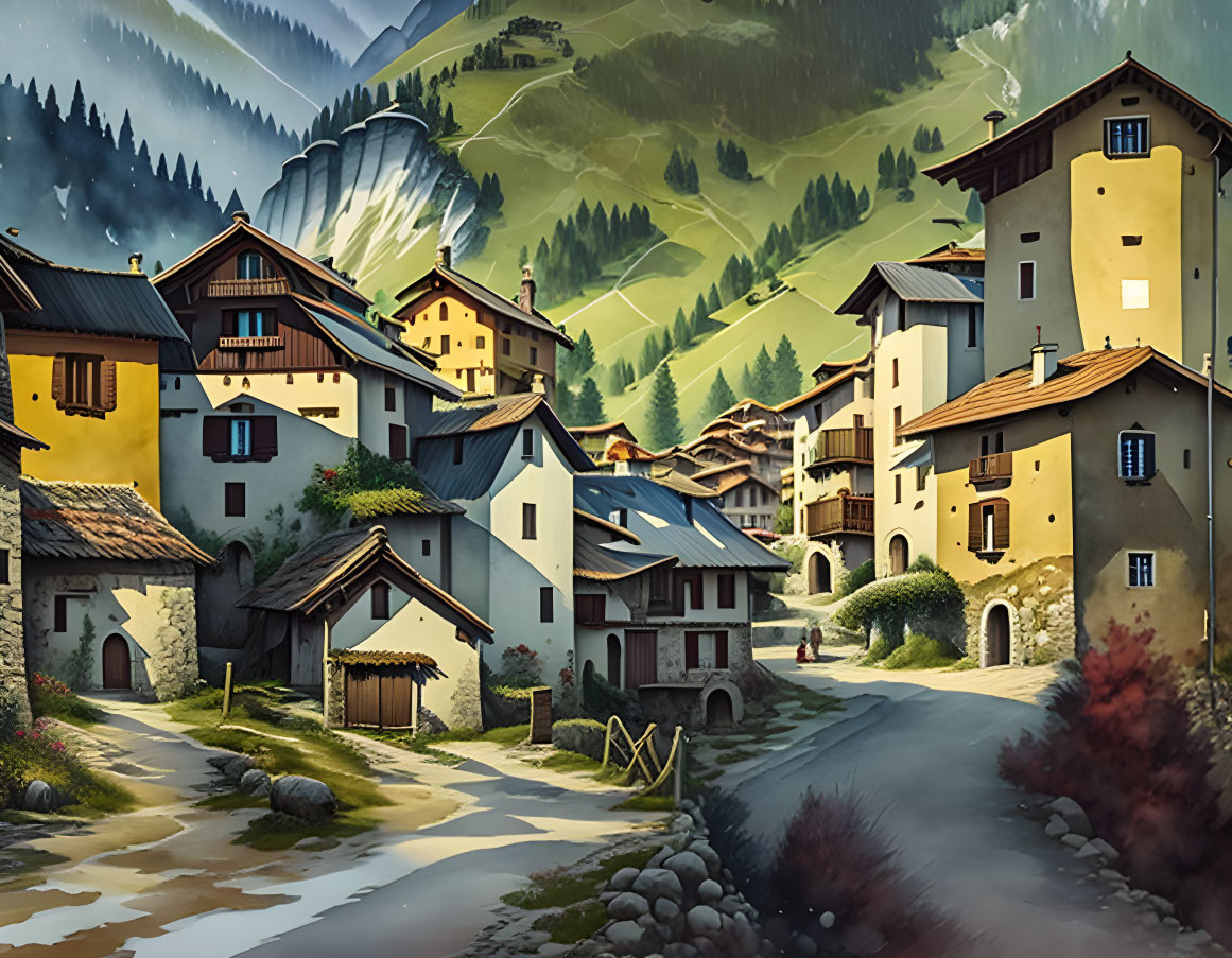 Village with typical houses in the Alps, 