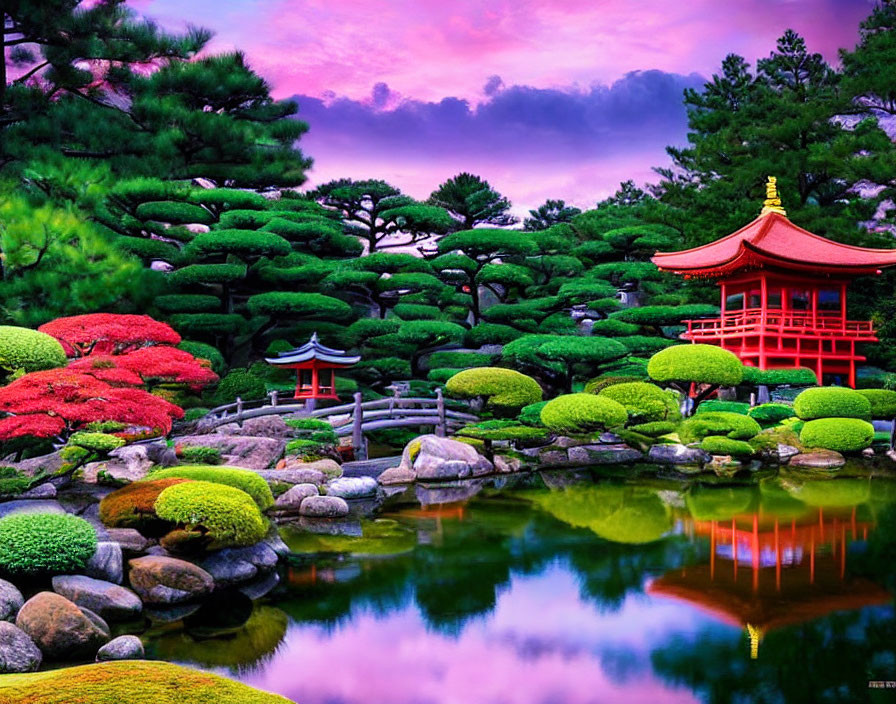 Japanese Garden at Twilight with Green Trees, Red Pagodas, and Serene Pond