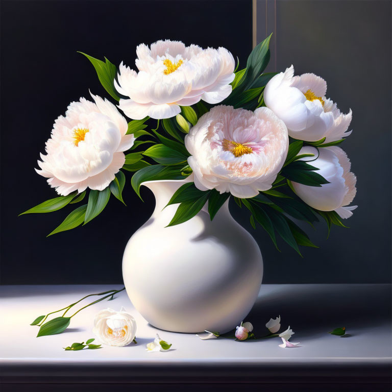 White Vase with Peonies and Leaves on Reflective Surface
