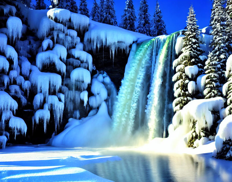 Frozen Waterfall and Snow-Covered Trees in Sunlit Winter Scene