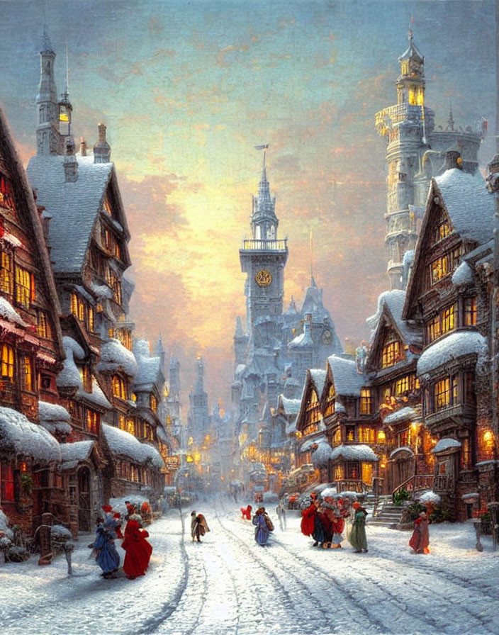 Vintage winter town scene with snow-covered streets and illuminated buildings.