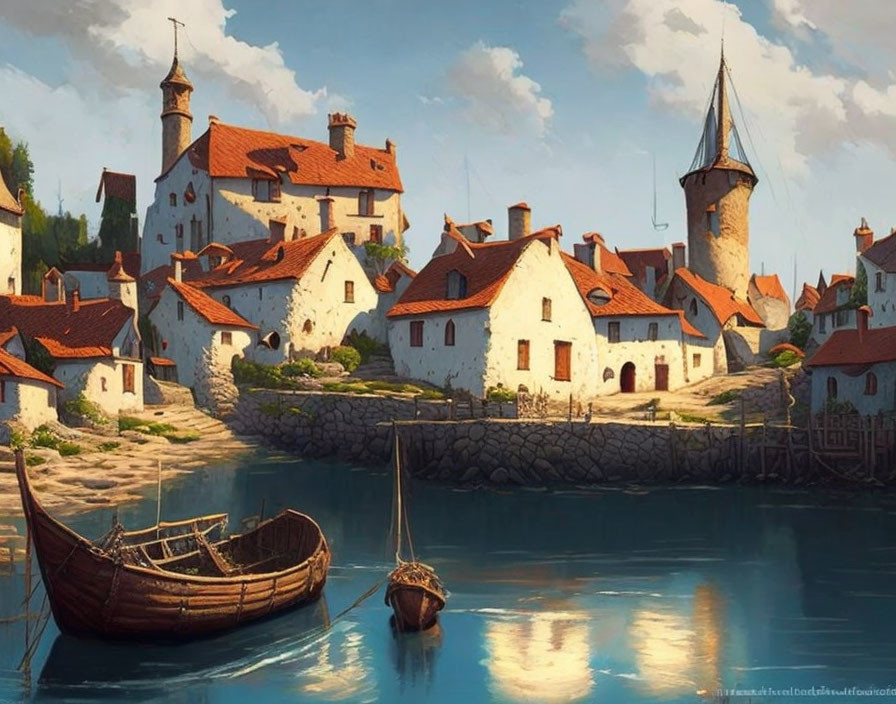 Medieval village with stone houses, red-tiled roofs, castle turret, and waterfront view