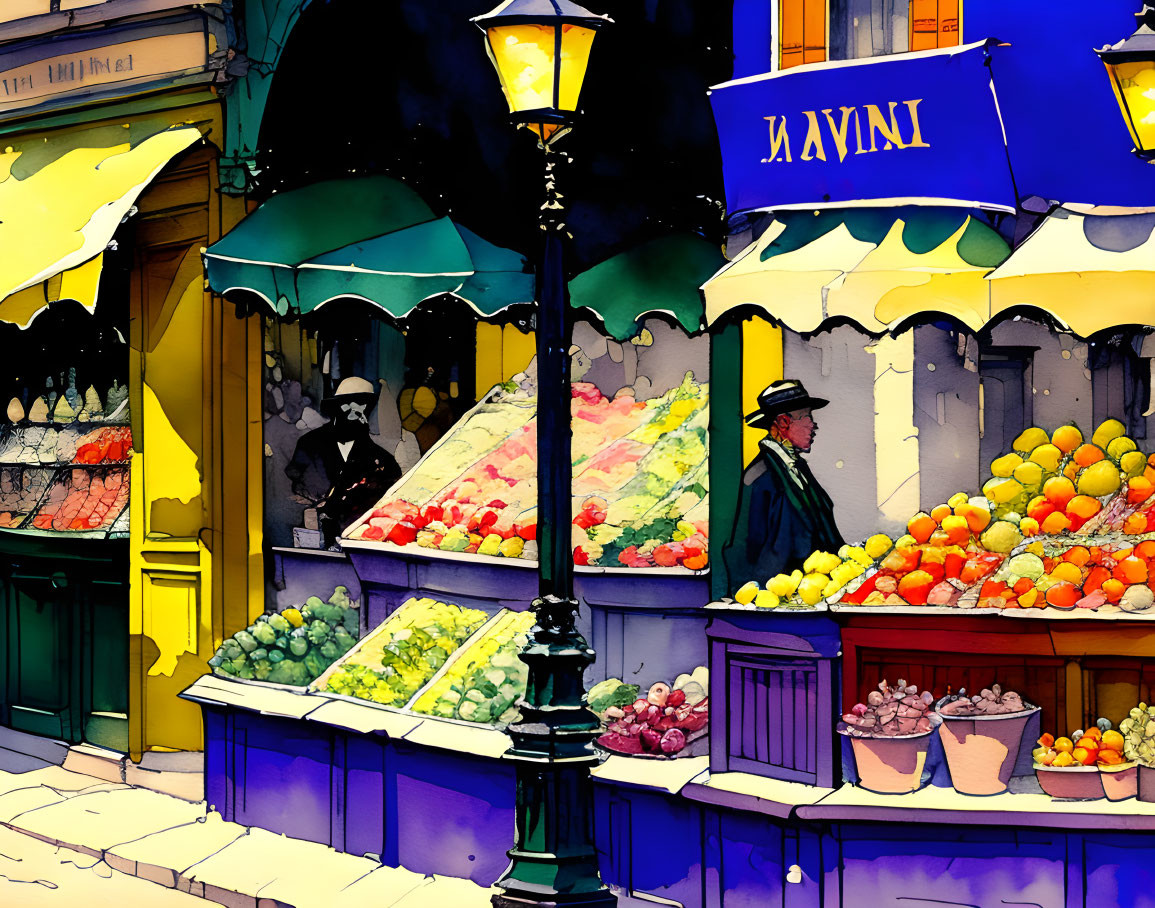 Colorful street fruit market scene with awnings, lamppost, and person examining produce