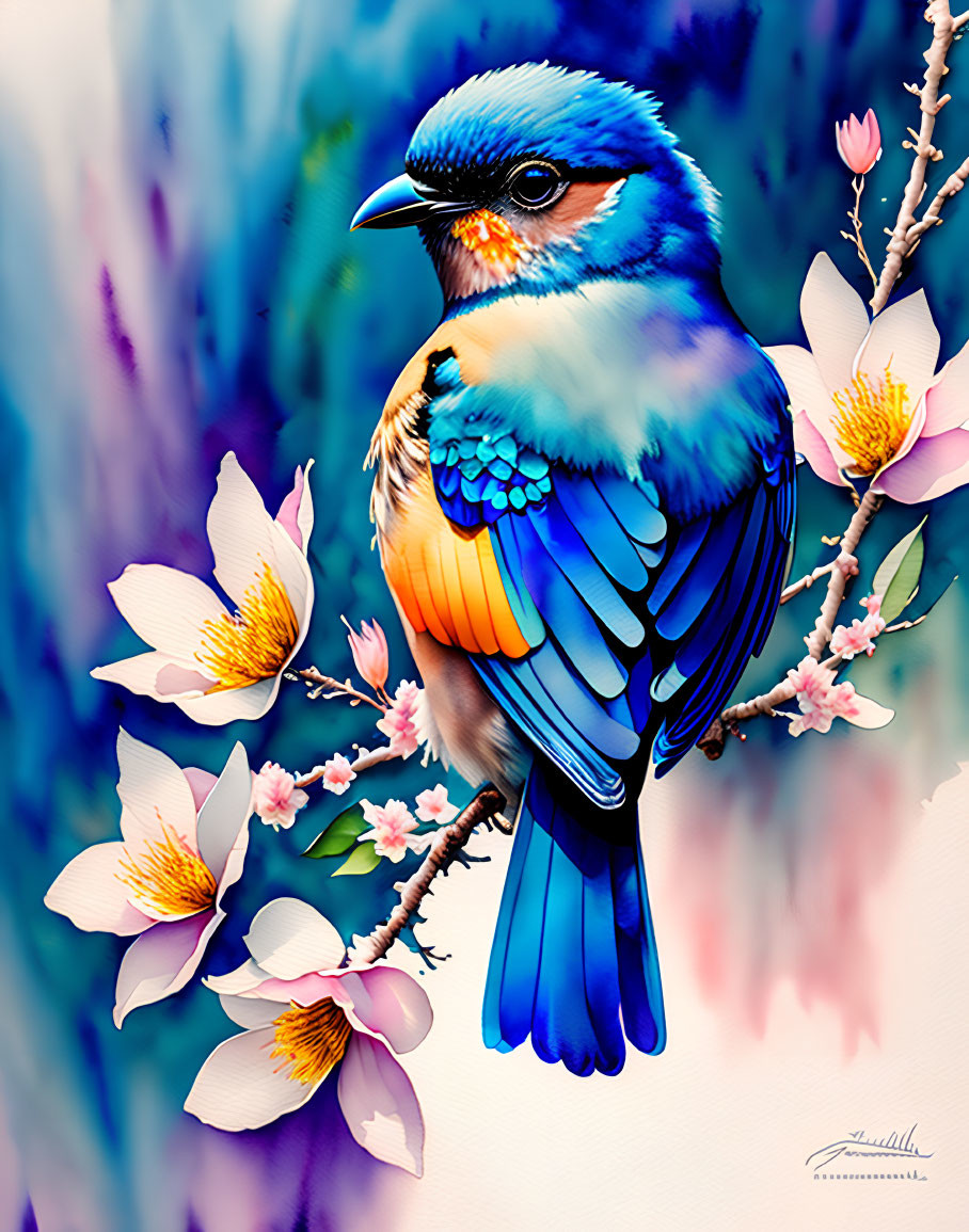 Colorful illustration of vibrant bird on branch with blossoms against gradient background