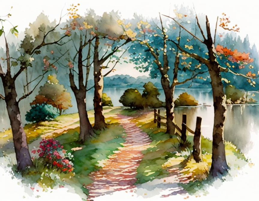 Serene lakeside path watercolor painting with trees and colorful foliage