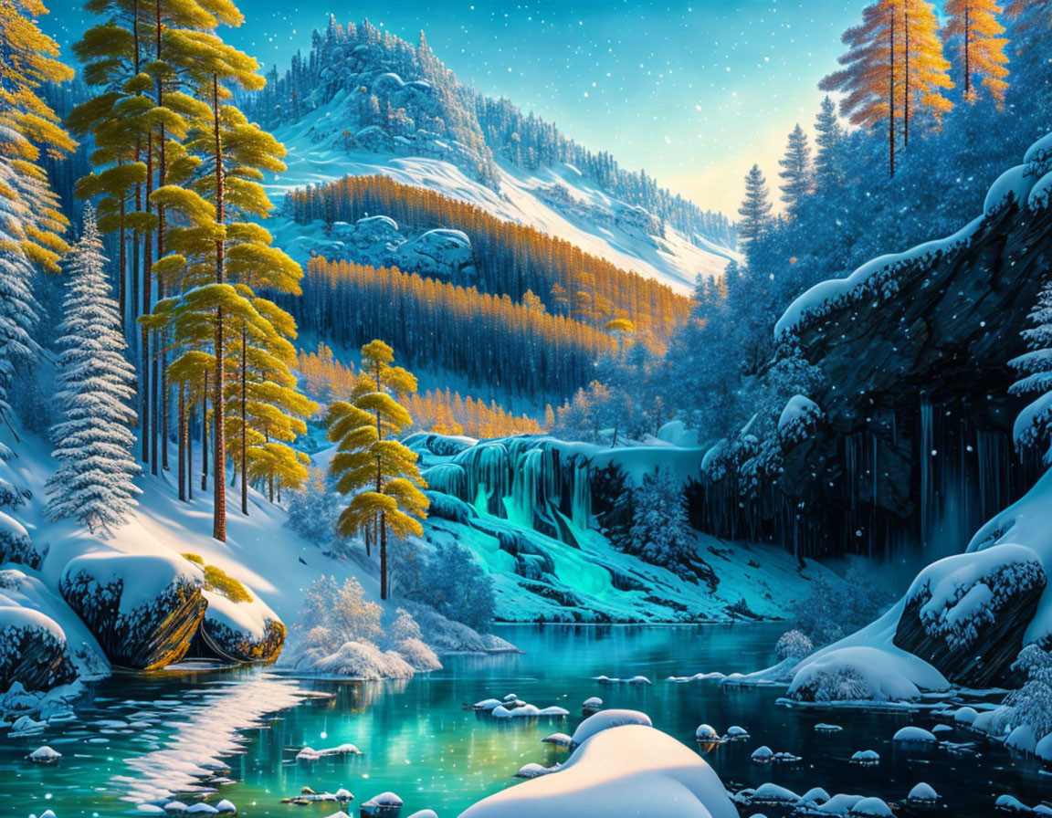 Snow-covered trees, turquoise river, waterfalls, mountain, starry sky