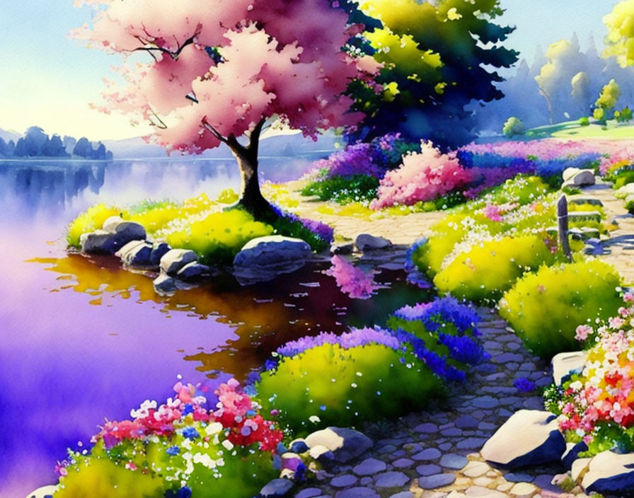 Colorful Lakeside Painting with Blooming Flowers and Stone Path