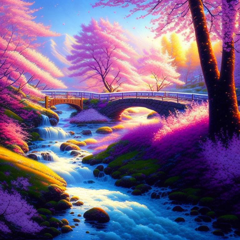 Stylized landscape with waterfalls, bridge, and pink foliage