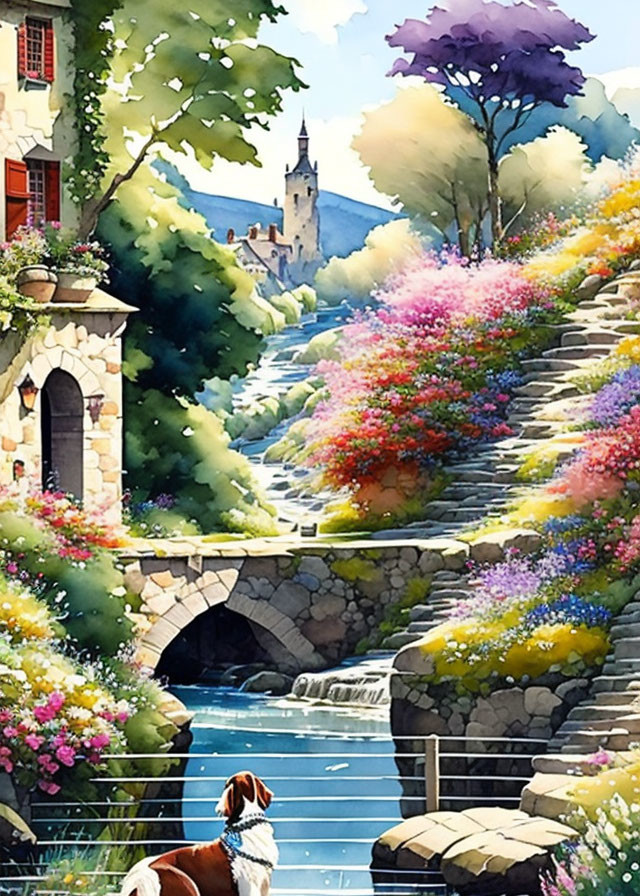 Scenic village watercolor with blooming flowers, stone bridge, trees, castle, and dog.