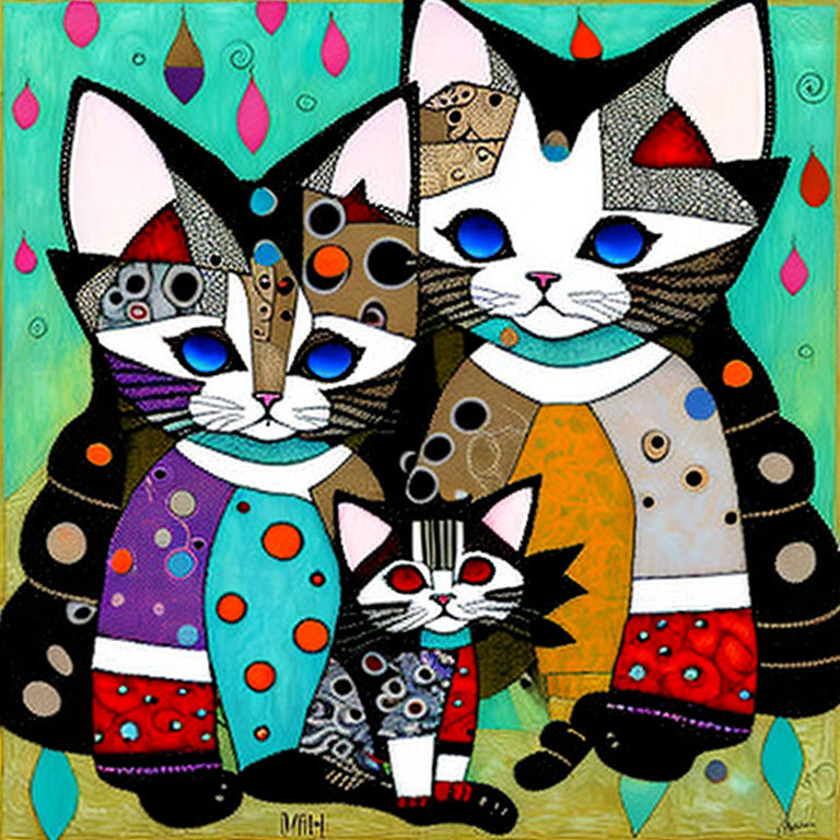 Colorful Patchwork Cats Painting on Teal Background