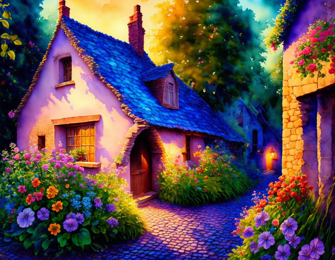 Whimsical painting of quaint cottage under twilight sky