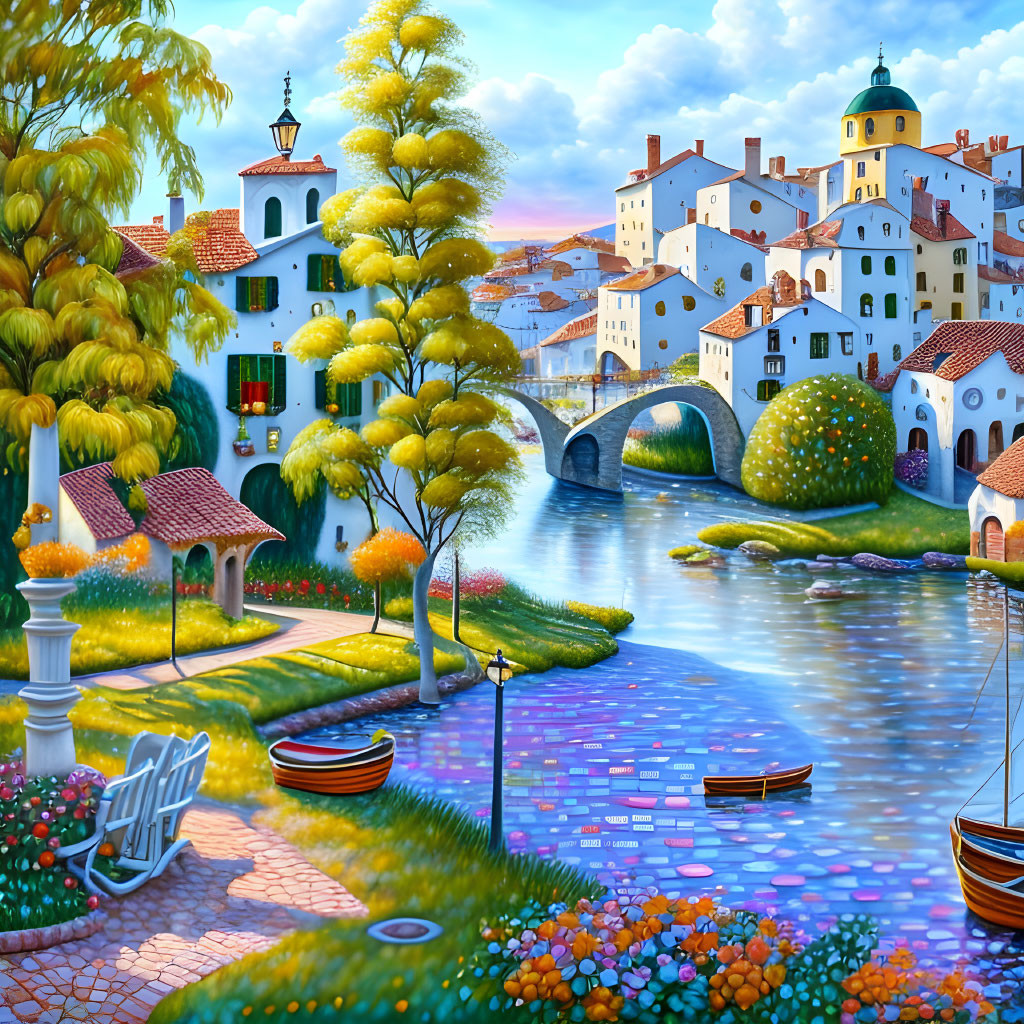 Colorful riverside village painting with stone bridge and autumn trees