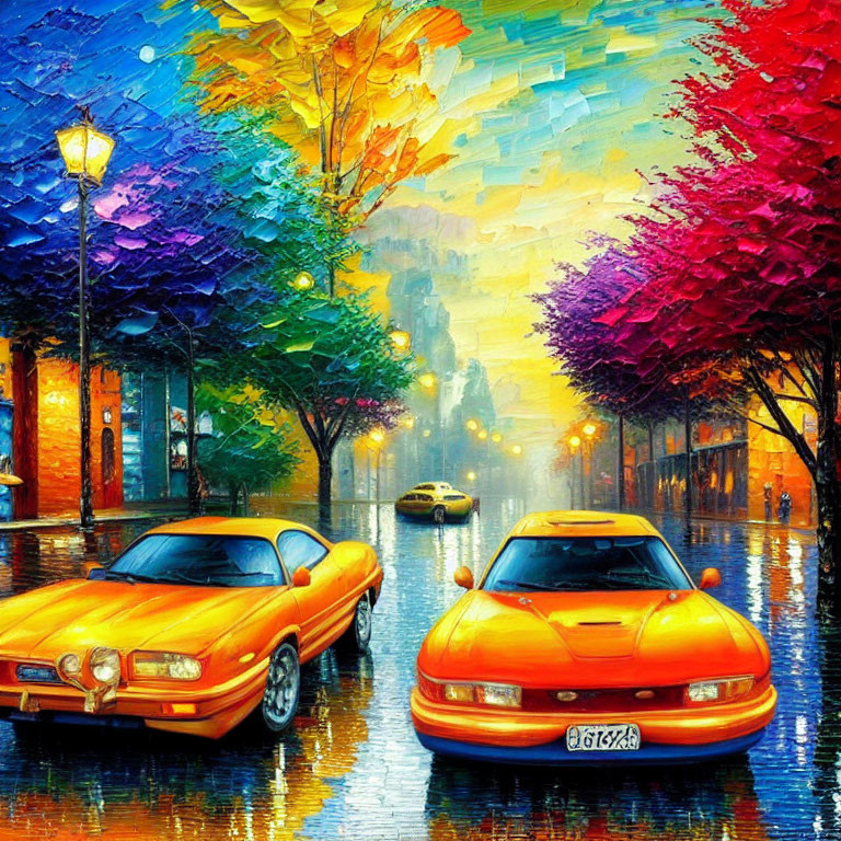 Colorful Painting of Two Sports Cars on Rainy Street with Autumn Trees