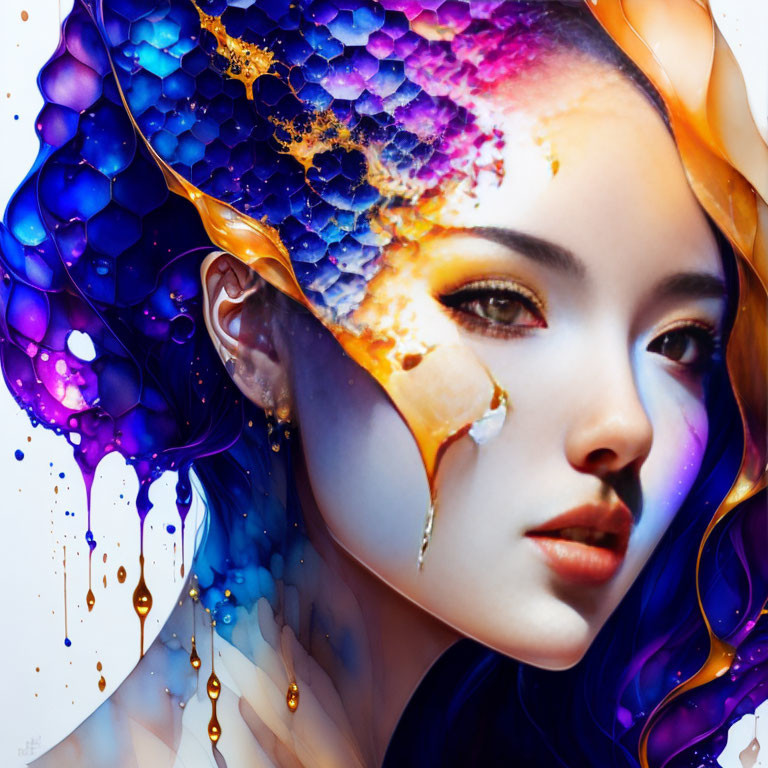 Colorful digital artwork featuring woman with honeycomb patterns