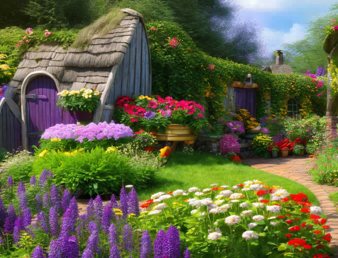 Thatched-Roof Cottage with Purple Door in Flower-Filled Garden
