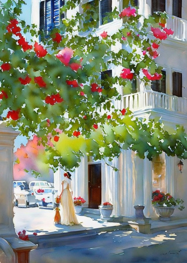 Woman in yellow dress walking on sunlit street with flowering trees, white buildings, and parked cars.