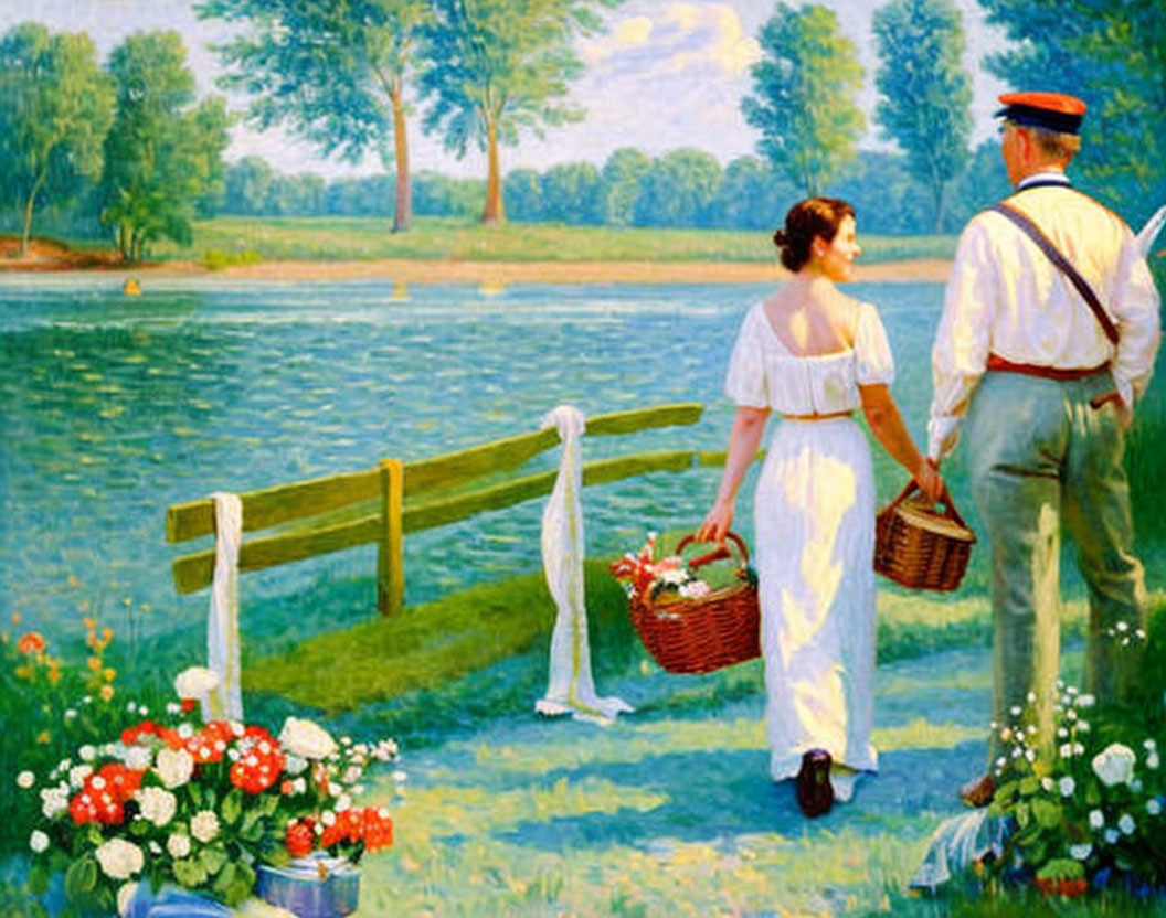 Vintage-dressed couple by lake with woman holding basket.