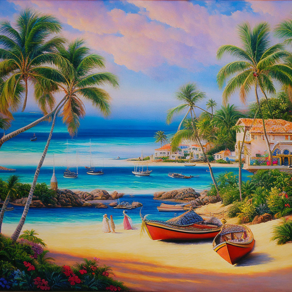 Tropical beach scene with palm trees, boats, and villa by the sea