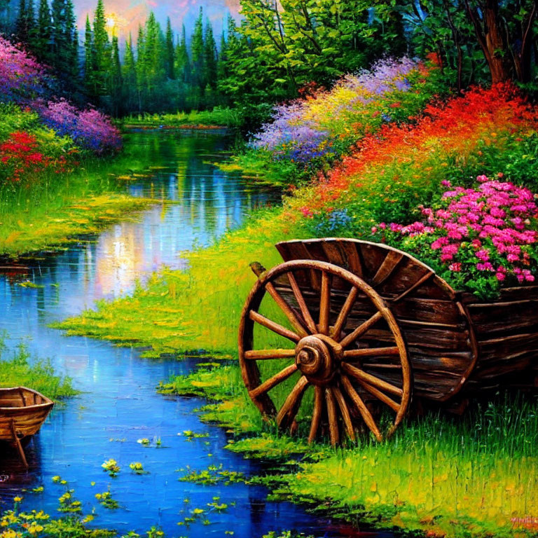 Colorful painting of serene river with flowerbeds, wooden cart, and boat