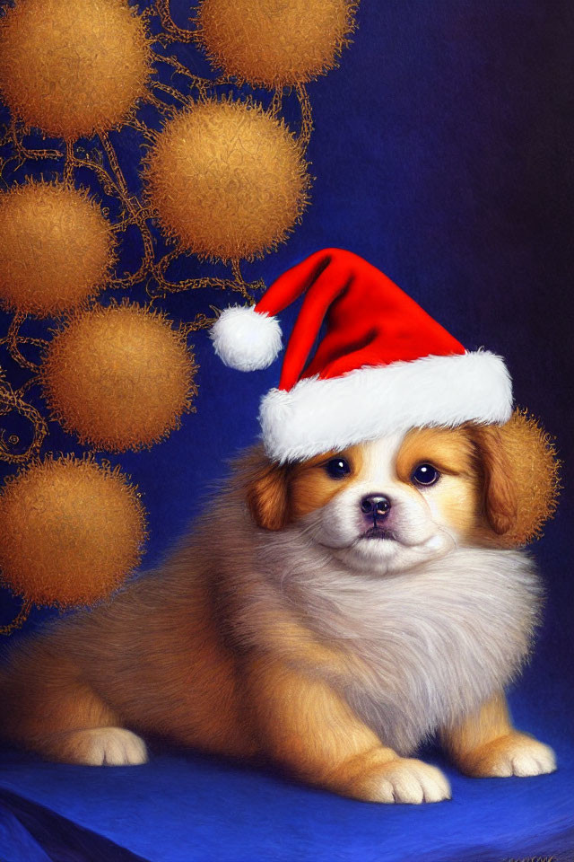 Fluffy Brown and White Puppy in Santa Hat on Blue Background