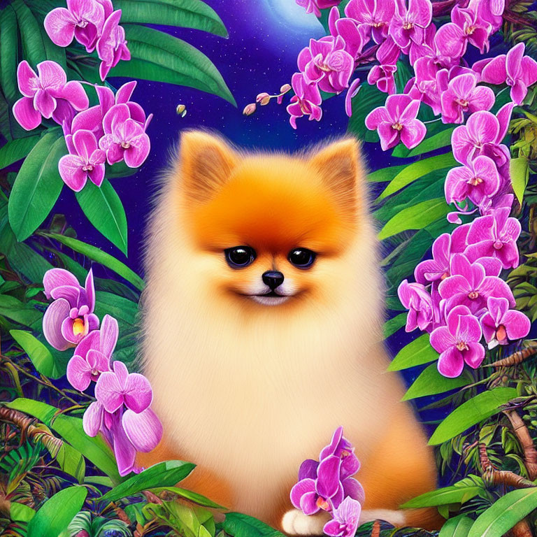 Fluffy Pomeranian with Purple Orchids in Jungle Night Sky