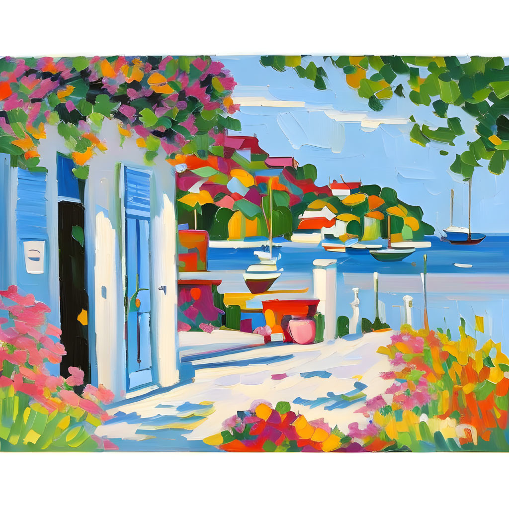 Colorful coastal scene with flower-lined path, umbrellas, boats, and foliage