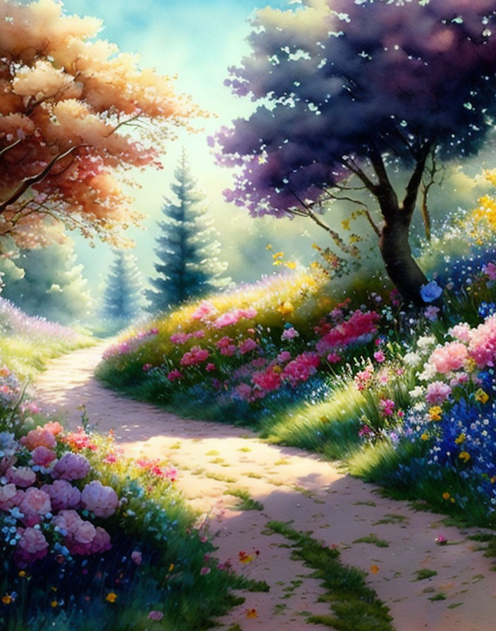 Colorful Garden Path Painting with Flowers and Trees