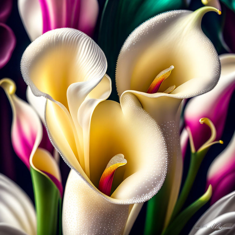 Vibrant calla lilies with yellow spathes and dewdrops in soft focus.
