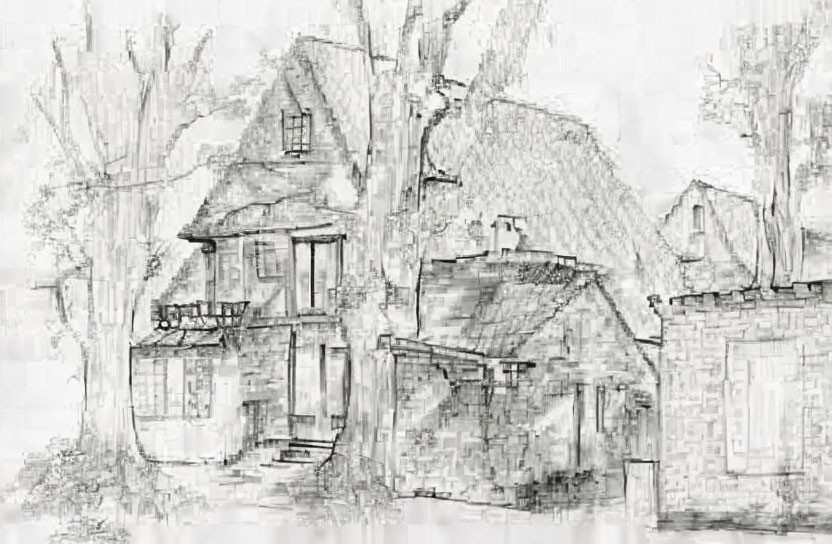 Detailed pencil sketch of quaint village scene with rustic houses and intricate trees
