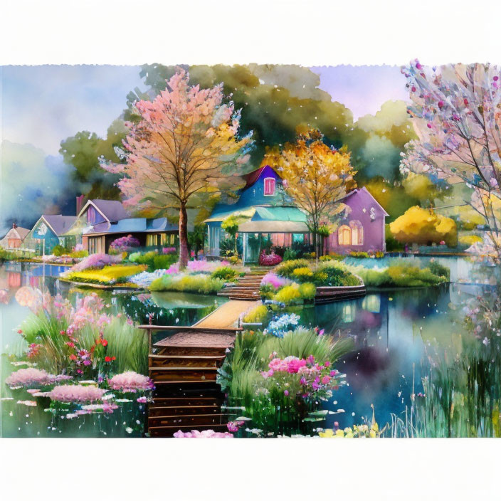 Vibrant Watercolor Painting of Rural Landscape with Lake and Flowers