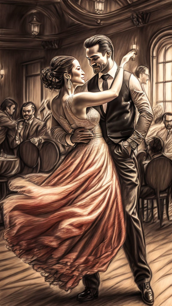 Vintage ballroom setting: Elegant couple dancing in formal attire