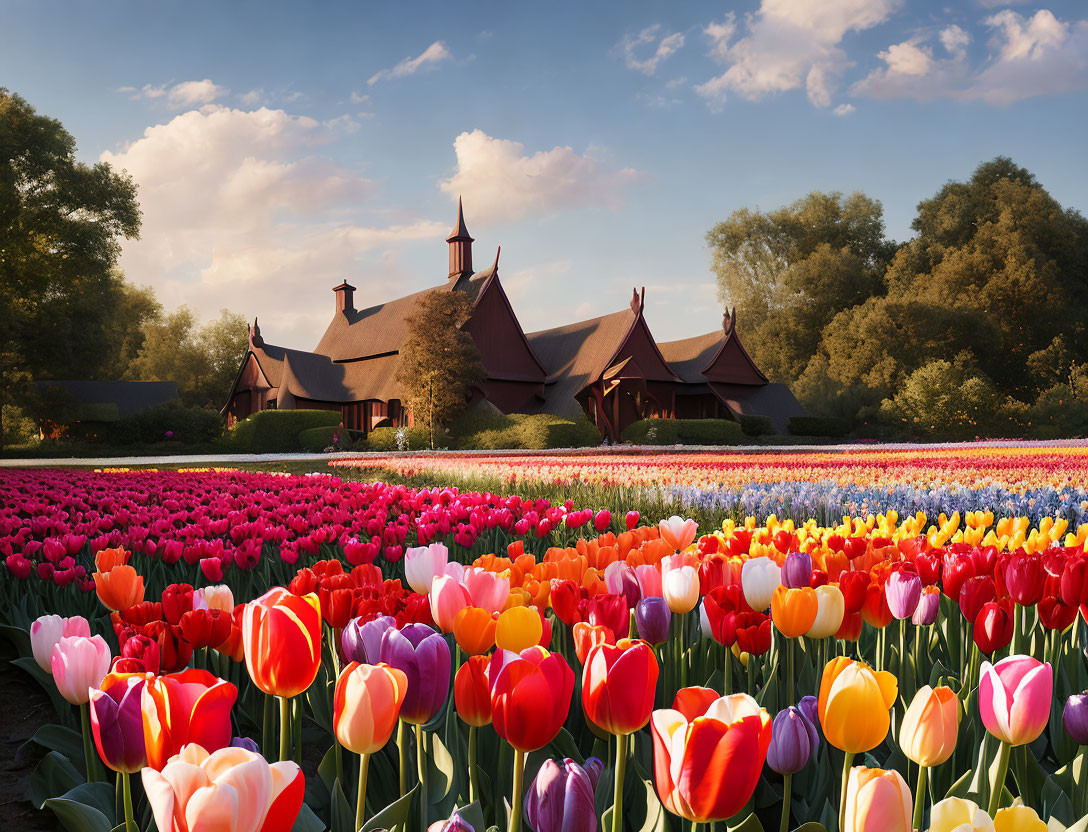 Picturesque Cottage Surrounded by Vibrant Tulip Fields