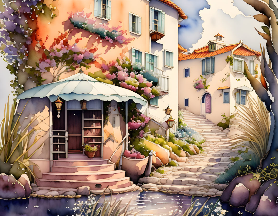 Picturesque houses with blooming flowers near serene water.