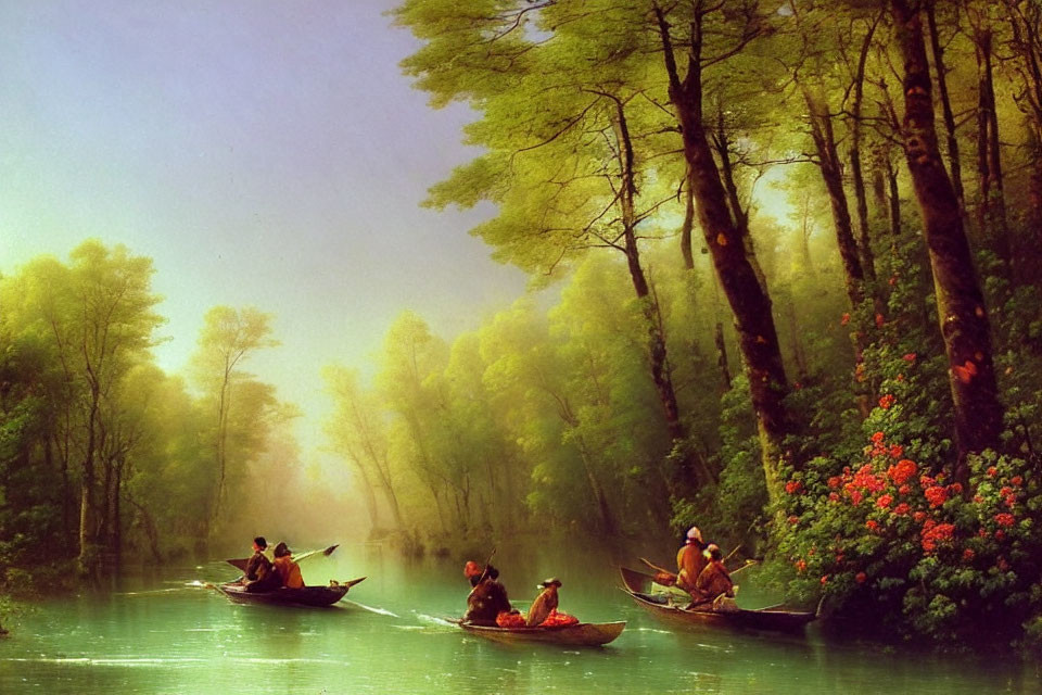 Tranquil river scene with people paddling canoes through misty forest