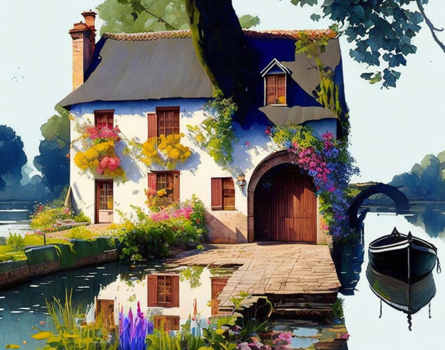 White Thatched Roof Cottage Surrounded by Flowers and River