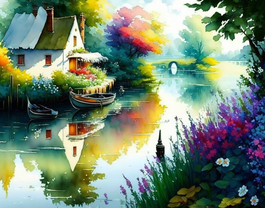 Colorful painting of serene countryside with cottage, boats, pond, flowers, bridge.