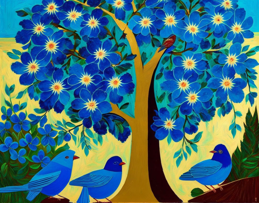 Vivid Painting of Golden Tree with Blue Flowers and Stylized Birds