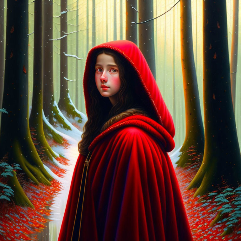 Girl in Red Hooded Cloak in Mystical Forest with Tall Trees