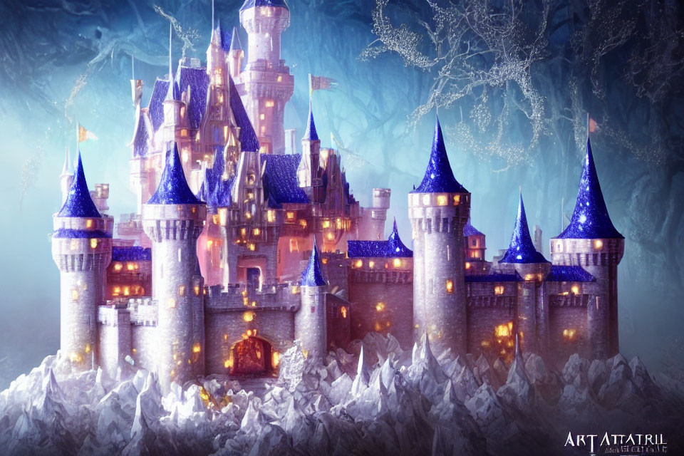 Enchanting castle in winter landscape with illuminated towers and spires