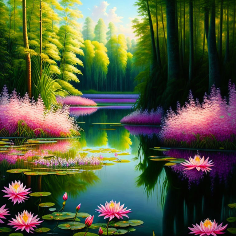 Vivid Fantasy Landscape with Green Trees and Pink Flora