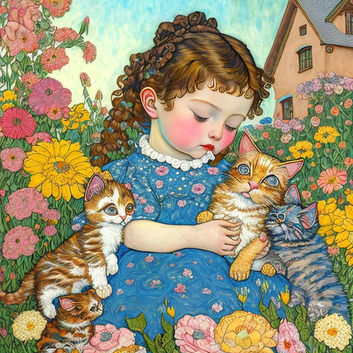 Young girl in blue dress cuddles kittens in vibrant flower setting