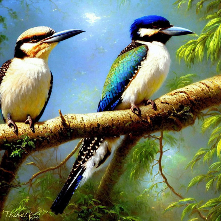 Vibrant kingfishers on branch with green foliage background