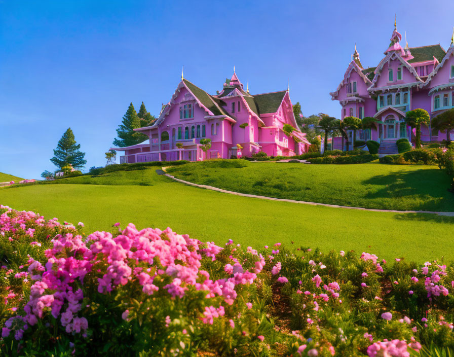 Pink Victorian Mansion Surrounded by Green Lawns and Pink Flowers