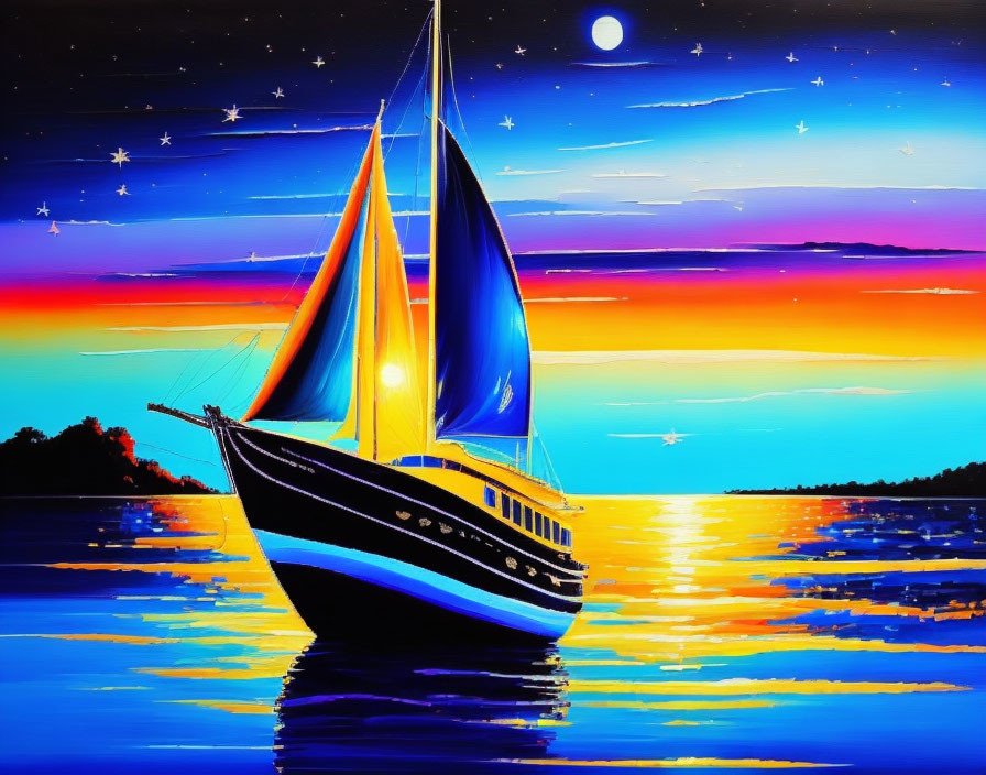 Sailboat painting on calm waters at sunset with starry sky