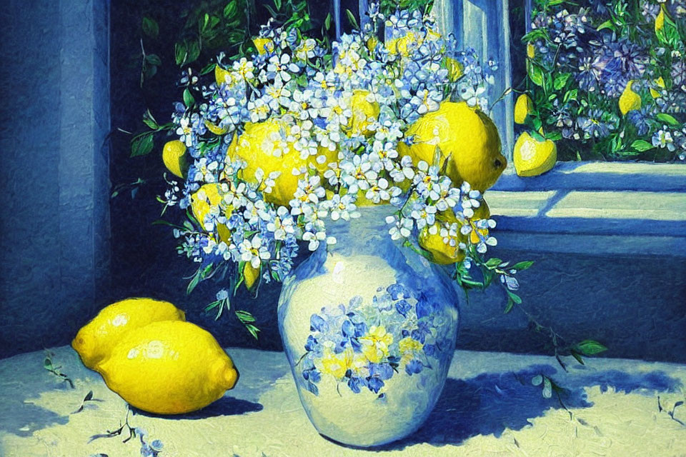 Still life painting: blue and white vase with lemons and blooms on a ledge